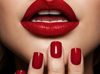 Naklejka premium Red Lips and Nails closeup. Manicure and Makeup