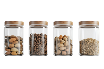 a glass jars with different spices and nuts inside isolated on a transparent background
