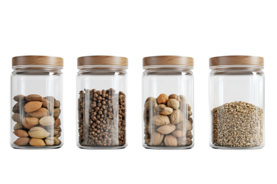 a glass jars with different spices and nuts inside isolated on a transparent background