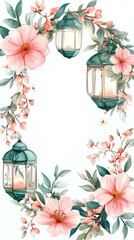 Obraz premium Floral Lantern Frame, Spring, White Background, Invitation Design