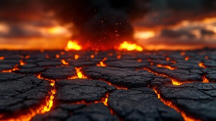 Lava Fields and Erupting Volcano Under Cloudy Sky. Generative AI