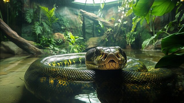 Green tree python in zoo enclosure, lush background