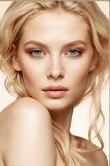 Fototapeta premium Wellness, cosmetics and skincare. Beautiful woman model with delicate natural make-up, clean skin, fashion hairstyle on beige background. Hippie style