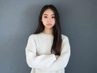 Obraz premium Serious Japanese high school girl in white sweater, standing pose, upper body portrait against a gray wall backdrop.