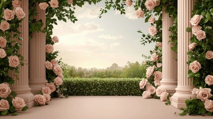 Vintage Floral Arch Adorned with Soft Roses in a Serene Outdoor Setting