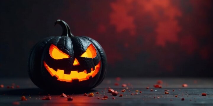 A menacing dark pumpkin with glowing carved face sits on a rustic surface, illuminated against a fiery backdrop.  Scattered fragments add to the eerie ambiance.