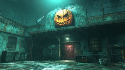 Haunted Halloween Night: Spooky Abandoned Factory Entrance