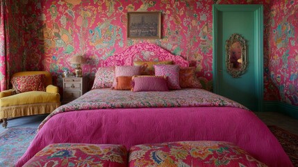 Vibrant Maximalist Bedroom Design with Layered Textiles and Color