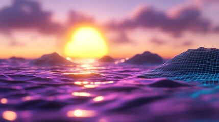 Realistic Ocean Landscape with Digital Grid Overlay at Sunset. Generative AI