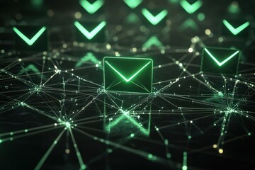 Secure email network; glowing green message icons; digital connections; data security; tech background