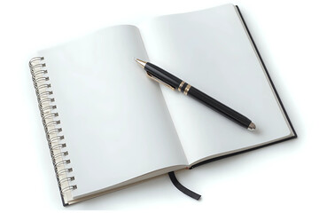 Stylish notebook with pen on white background.