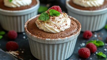 Decadent Chocolate Lava Cakes with Fresh Raspberries and Whipped Cream