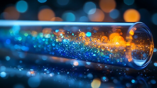 Sparkling blue and green glitter specks densely packed inside a cylindrical test tube with light reflections