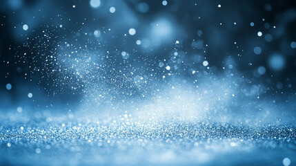 Abstract light blue particle painting with blurred sky and cloud backdrop, symbolizing tranquility, freedom, and creativity. Represents calmness and infinite possibilities, with a modern, empty space 