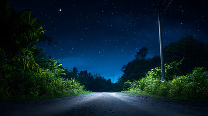 Starry night road through tropical forest. Possible stock photo use
