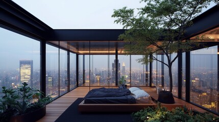 Breezy Rooftop Bedroom with Panoramic City Views at Dusk