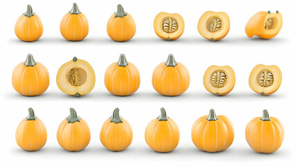 Studio shot of various pumpkins, whole and halved, on white background. Possible use stock photo for food/cooking/Thanksgiving