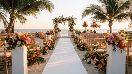 Fototapeta premium Colorful Tropical Wedding Aisle Lined with Palm Leaves and Floral Arrangements