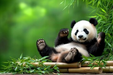 Panda lounging on bamboo, surrounded by lush greenery, exuding a playful and relaxed vibe.