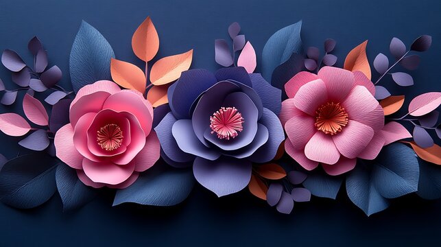 Stylish pink paper flowers with layered petals arranged in a festive layout on a deep purple background