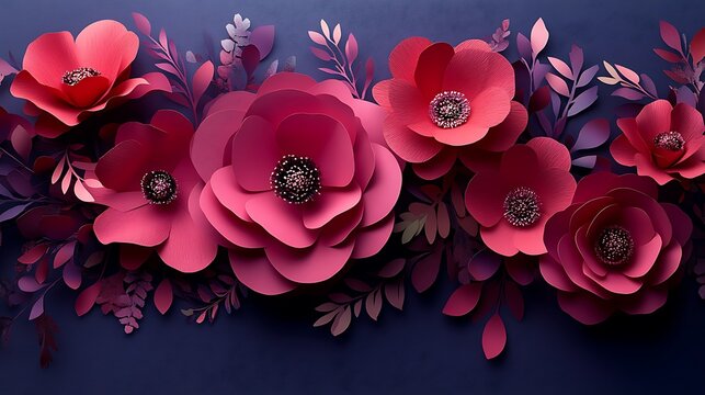Stylish pink paper flowers with layered petals arranged in a festive layout on a deep purple background