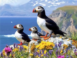 Naklejka premium Three puffins stand on a colorful cliff with flowers, overlooking a scenic ocean landscape.