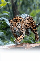 Obraz premium A jaguar leaps gracefully through a lush, rainy jungle environment.