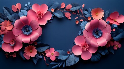 Vibrant pink paper flowers and leaves arranged in a circular pattern on a deep violet background