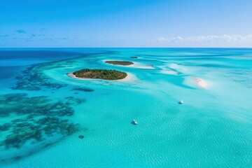 Fototapeta premium Tropical island aerial view Boats sail in crystal waters under a sunny sky