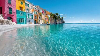 Picturesque Coastal Village with Colorful Houses and Crystal-Clear Turquoise Waters on a Sunny Summer Day