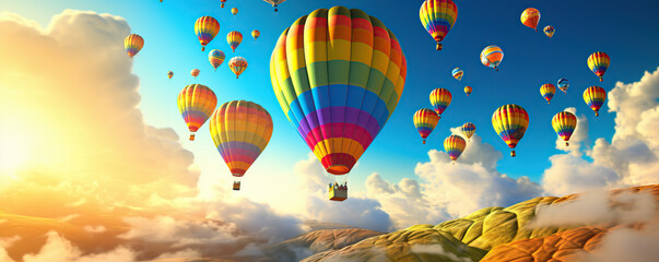 Obraz premium Colorful hot air balloons soaring over a scenic landscape during a beautiful sunrise amidst fluffy clouds