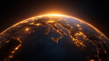 Obraz premium Close-up of Earth with glowing cities and network connections illuminated by a golden sunrise isolated on a dark background. Generative AI