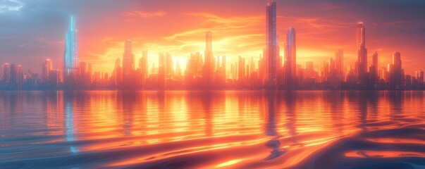 Futuristic Digital Background for AI Data Communication and Encryption with Neon Effects in a Cyberpunk Cityscape