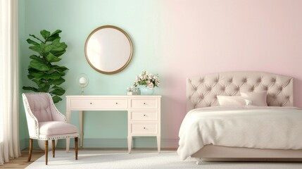 Retro Pastel Bedroom Nook with Elegant Furniture and Decor