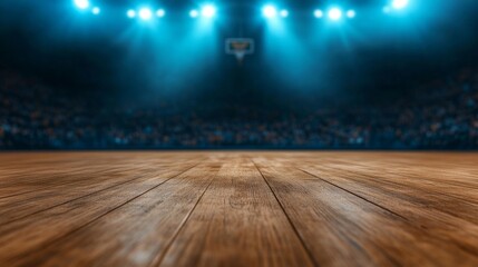 Basketball Court in a Stadium with Dramatic Lighting and a Wood Floor. Generative AI