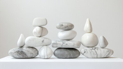 Balanced stones, minimalist art, white background, serenity