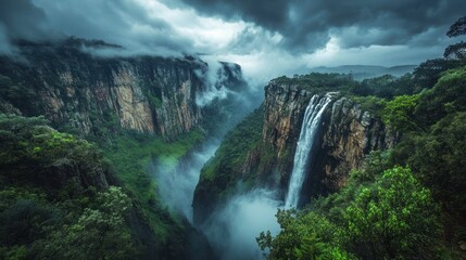 Majestic waterfall cascading down cliffs, misty valley, dramatic clouds. Nature wallpaper