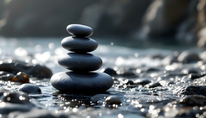zen, stones, tall, stack, smooth, rugged, textures, wet, rocky, surface, ocean, sea, spray, waves, dynamic, background, glistening, sunlight, gentle, photorealistic, quality, serene, tranquil, harmony