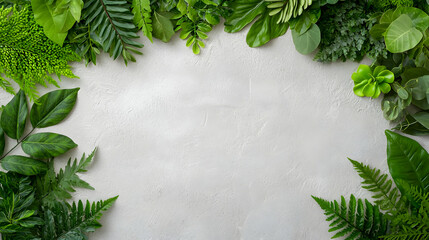 Lush green leaves frame, gray background, nature border, eco design