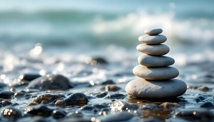 Fototapeta premium zen, stones, tall, stack, smooth, rugged, textures, wet, rocky, surface, ocean, sea, spray, waves, dynamic, background, glistening, sunlight, gentle, photorealistic, quality, serene, tranquil, harmony