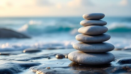 Fototapeta premium zen, stones, tall, stack, smooth, rugged, textures, wet, rocky, surface, ocean, sea, spray, waves, dynamic, background, glistening, sunlight, gentle, photorealistic, quality, serene, tranquil, harmony