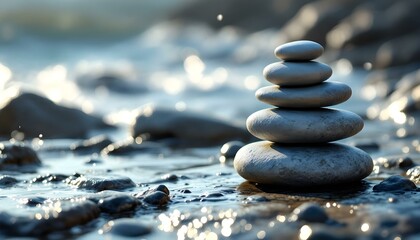 zen, stones, tall, stack, smooth, rugged, textures, wet, rocky, surface, ocean, sea, spray, waves, dynamic, background, glistening, sunlight, gentle, photorealistic, quality, serene, tranquil, harmony