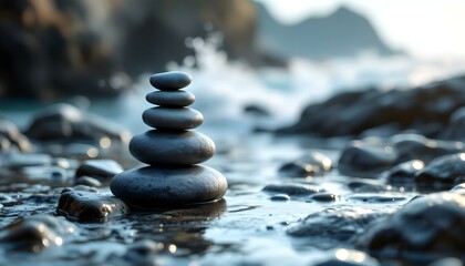 zen, stones, tall, stack, smooth, rugged, textures, wet, rocky, surface, ocean, sea, spray, waves, dynamic, background, glistening, sunlight, gentle, photorealistic, quality, serene, tranquil, harmony