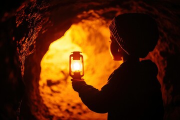 Young explorer with lamp in cave, adventures, dark background, for history lessons