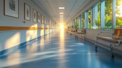 Obraz premium Sunlit Hospital Corridor With Waiting Chairs And Artwork