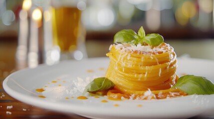 Delicious Pasta Bolognese served on a white plate with grated Parmesan and fresh basil, set against a rustic wooden background. 