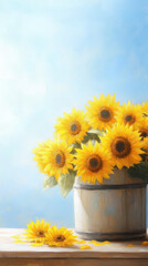 vibrant sunflower arrangement in rustic bucket against soft blue background