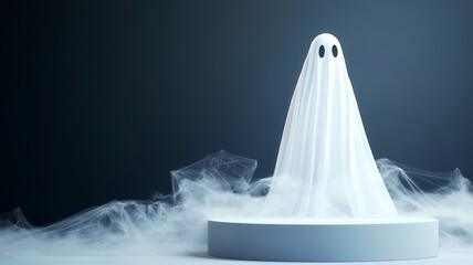 Floating podium with a ghostly figure and spider webs, minimal Halloween-themed design for product showcase