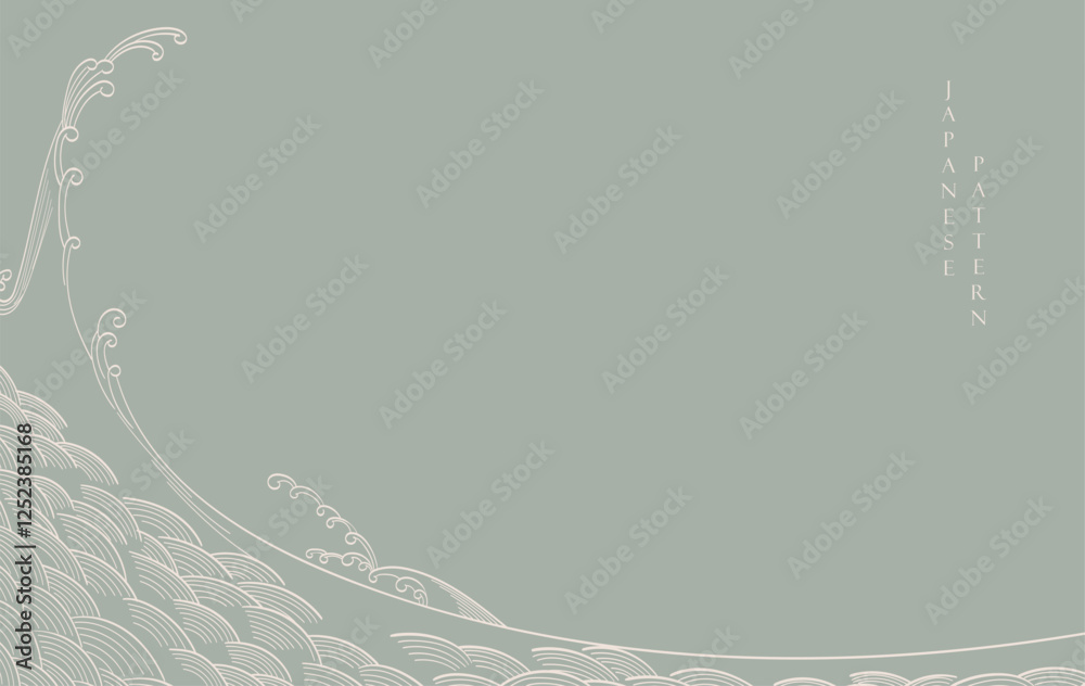Wall mural japanese background with hand drawn line wave pattern vector. abstract template with geometric curve