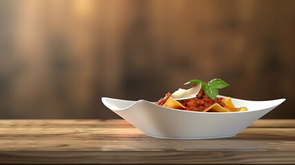 Delicious Pasta Bolognese served on a white plate with grated Parmesan and fresh basil, set against a rustic wooden background. 